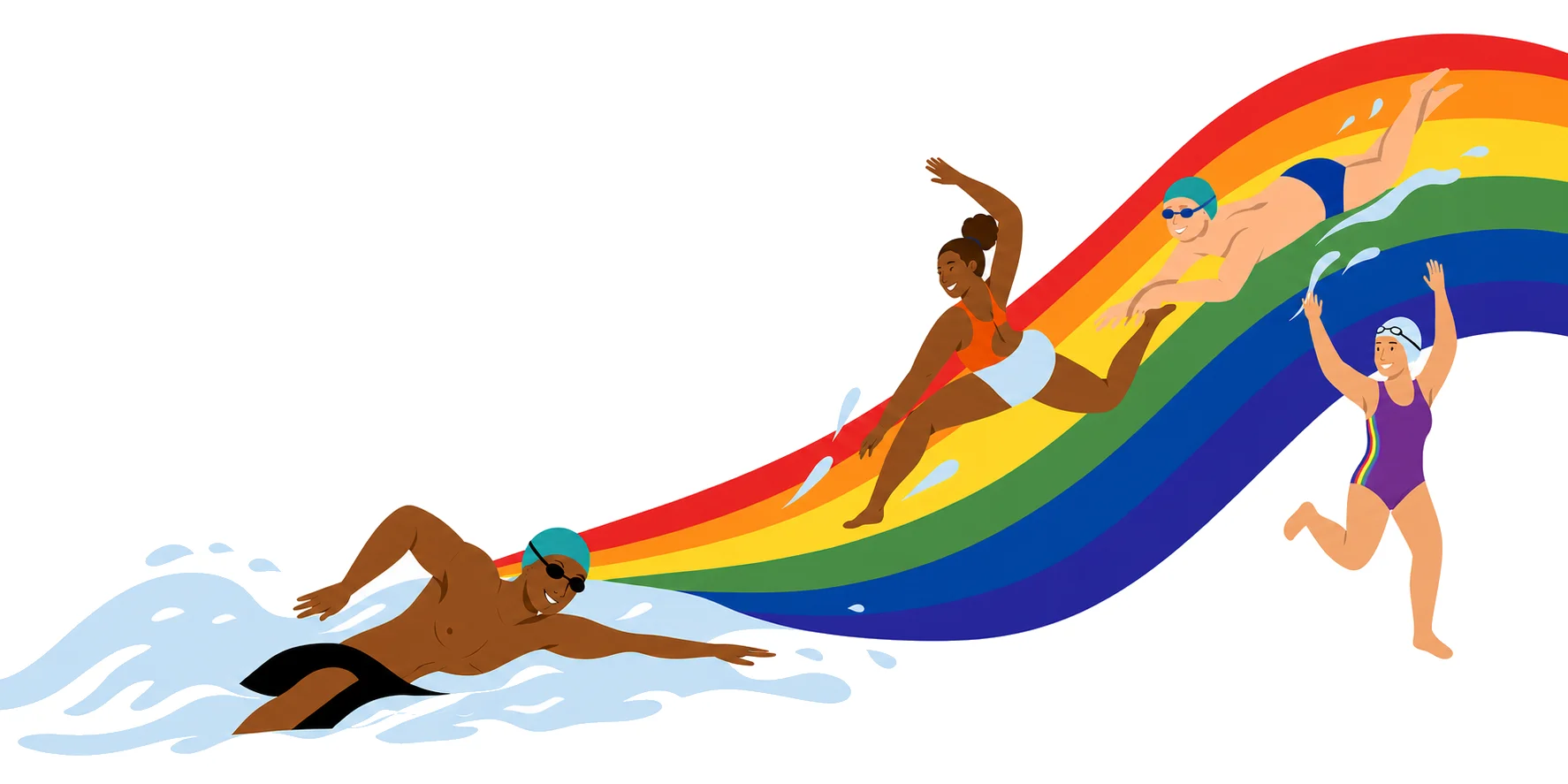Four diverse swimmers moving through water and a sweeping rainbow.