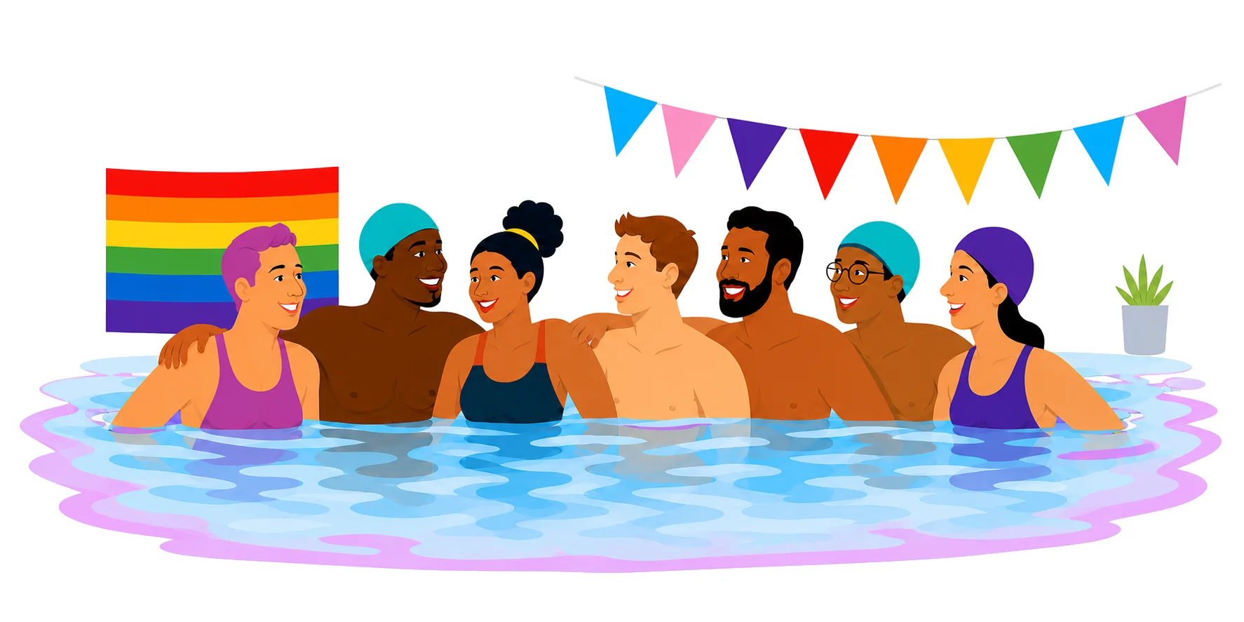 A diverse group of swimmers smiling together in a pool beneath rainbow bunting.
